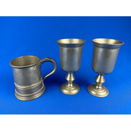 143 - Two Antique Pewter Goblets & Tankard