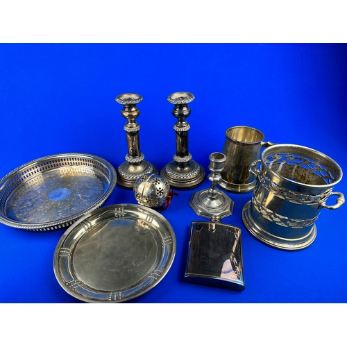 115 - Group of Quality EPNS Items including Wine Bottle Holder & Hip Flask.