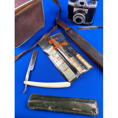 122 - Mixed Interest Lot of Grooming and Camera inc. Two Cut Throat Razors and Sharpener and Harmony Japan... 