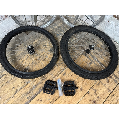 242 - Two Pairs of BMX Wheels and Pedals inc. Mongoose BMX Products Motomag II Wheels