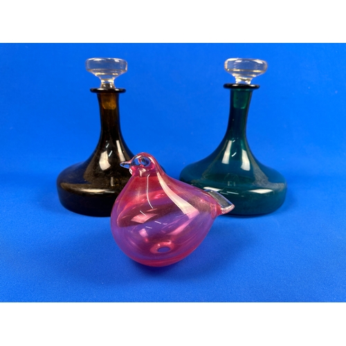 245 - Two Coloured Glass Decanters and Blown Glass Bird