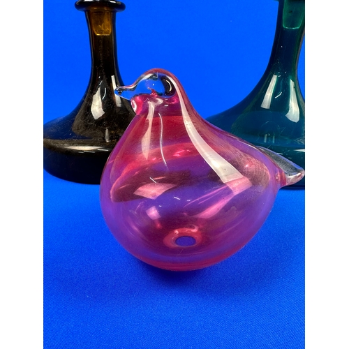 245 - Two Coloured Glass Decanters and Blown Glass Bird