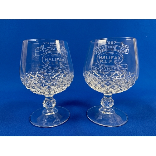 246 - Two Halifax Rugby League 1987 Challenge Cup Winners Crystal Brandy Glasses