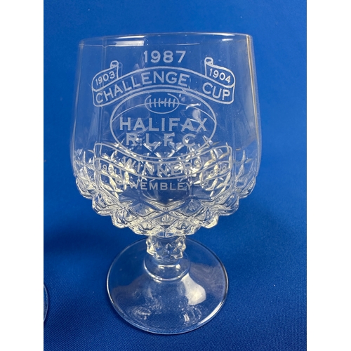 246 - Two Halifax Rugby League 1987 Challenge Cup Winners Crystal Brandy Glasses