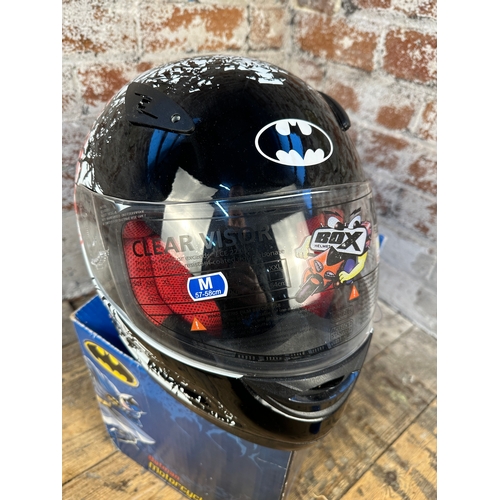 244A - As New Full Face Licenced Batman Motorcycle Helmet - Size M 57-58cm with Protective bag and boxed