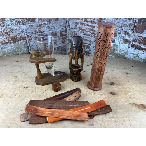 141 - Mixed Wooden Items including Glass Horn Drink Holder