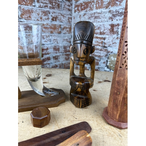 141 - Mixed Wooden Items including Glass Horn Drink Holder