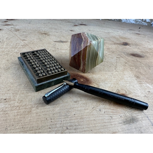 142 - Desk Items including Todd & Co Blackbird Fountain Pen with 14ct Gold Nib, Brass & Marble Abacus & Cu... 