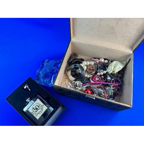 174 - Box of Costume Jewellery, Paperweight & Hip Flask