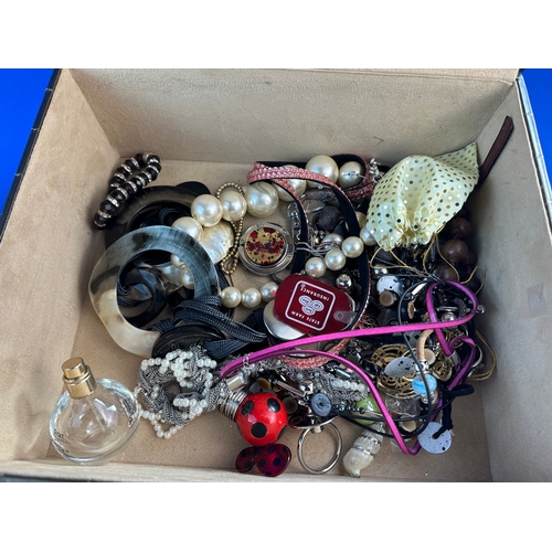 174 - Box of Costume Jewellery, Paperweight & Hip Flask