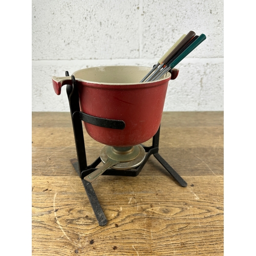 128 - Le Creuset Cast Iron Fondue Set with Stand, Burner and Fondue Forks