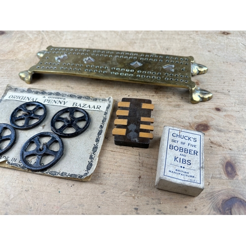 63 - Solid Brass Cribbage Board, Chucks Bobber & Kibs, Original Penny Bazaar  Metal Toy Wheels