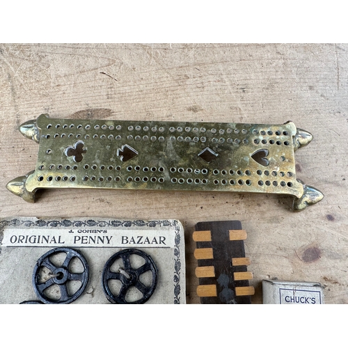 63 - Solid Brass Cribbage Board, Chucks Bobber & Kibs, Original Penny Bazaar  Metal Toy Wheels