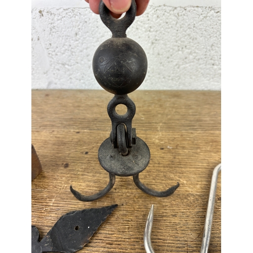 106 - Mixed Vintage Lot: Vintage Iron with Incandescent Stone, Mill Shuttles, Hooks and Door Ironmondery