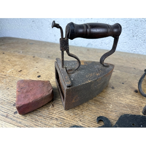 106 - Mixed Vintage Lot: Vintage Iron with Incandescent Stone, Mill Shuttles, Hooks and Door Ironmondery