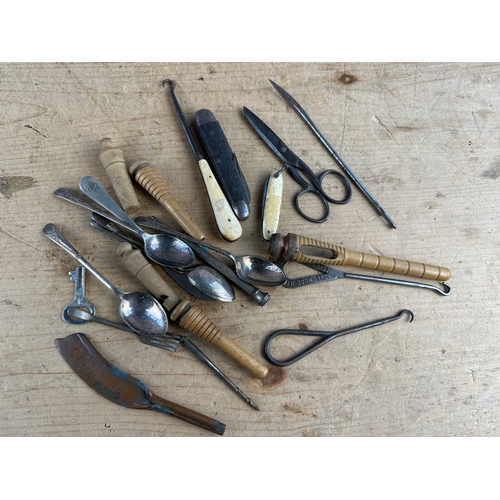 167 - Group of Small Collectables including Button & Boot Hooks, Penknives & Wooden Whistles