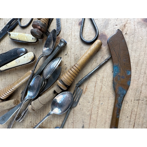 167 - Group of Small Collectables including Button & Boot Hooks, Penknives & Wooden Whistles