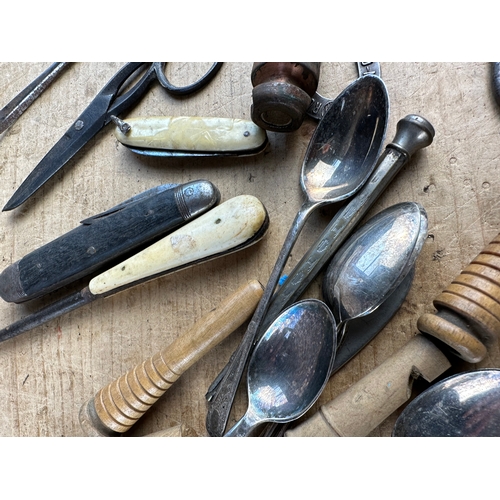 167 - Group of Small Collectables including Button & Boot Hooks, Penknives & Wooden Whistles