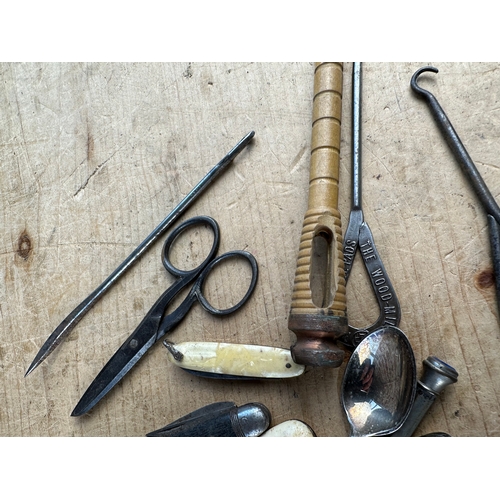 167 - Group of Small Collectables including Button & Boot Hooks, Penknives & Wooden Whistles