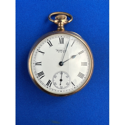 21 - A.W.W.Co Waltham Traveller 2802479, Denison Star, Rolled Gold Case Pocket Watch - Working
