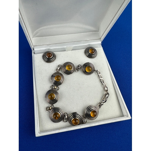 26 - Silver & Amber Bracelet & Earring Set