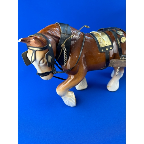 210 - Ceramic Shire Horse & Wooden Gypsy Caravan