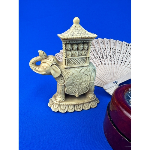 165 - Asian Resin Figures, Trinket Box & Fan