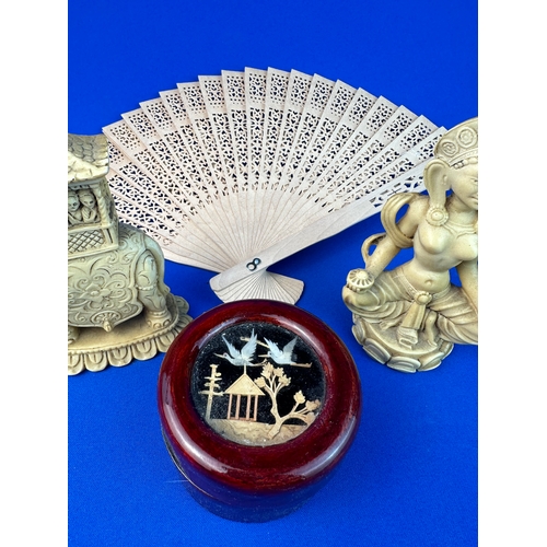 165 - Asian Resin Figures, Trinket Box & Fan