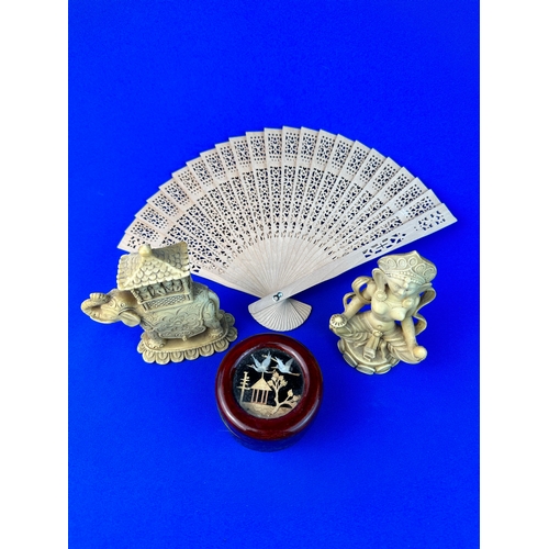 165 - Asian Resin Figures, Trinket Box & Fan