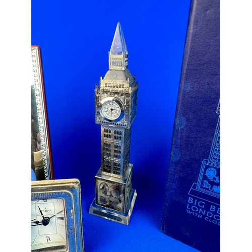 90 - Three Clocks including Silver & Novelty Crystal Big Ben Clock .