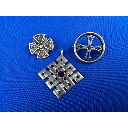 6 - 2 Celtic Silver Brooches & Silver Celtic Pendant