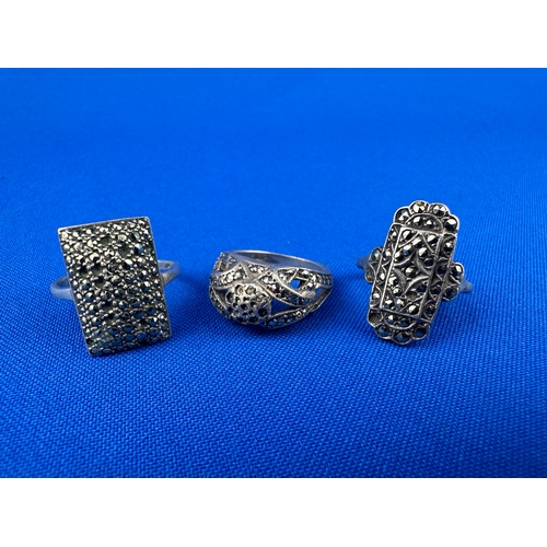 7 - Trio of Art Deco Silver & Marcasite Rings