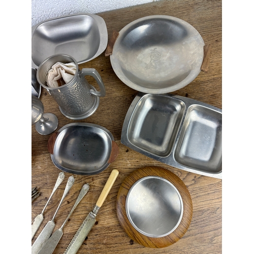 131 - Mixed Lot of Metal Ware and Stainless Serving Ware inc. Danish and Pewter Tankard