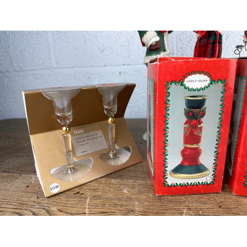 197 - Christmas Candle Stick, Gold Plated Candlesticks and Three Christmassy Figures