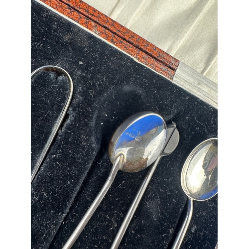 7 - Cased Set of Six Hallmarked Silver Coffee Bean Spoons with Sugar Tongs  - Birmingham 1927