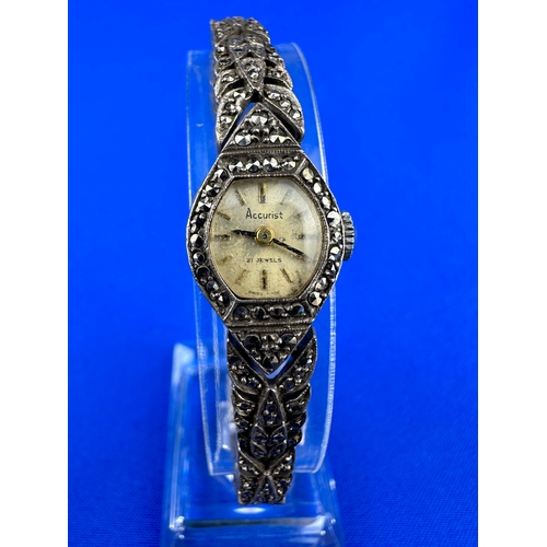 82 - Accurist Silver & Marcasite Cocktail Watck - Ticking