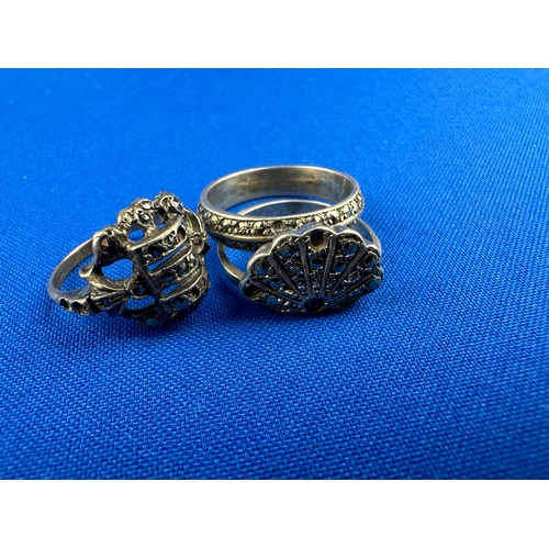 22 - Three Silver & Marcasite Art Deco Rings