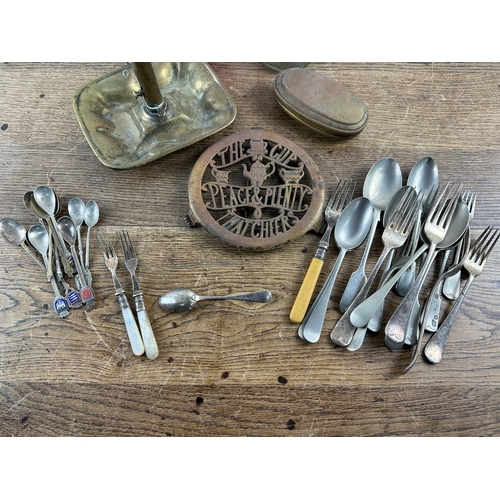 282 - Mixed Lot of Vintage Brassware, Flatware and Bottles inc. Hallmarked Silver Spoon