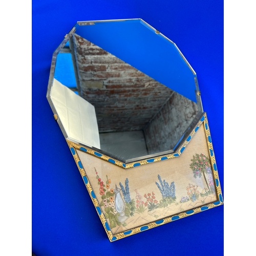 361A - Vintage Bevelled Glass Mirror with Gilt and Blue Border and Needlework Feature - 47cm long