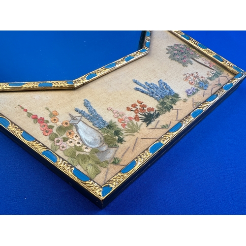 361A - Vintage Bevelled Glass Mirror with Gilt and Blue Border and Needlework Feature - 47cm long