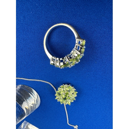 13 - 925 Silver & Peridot Jewellery Set including Necklace, Bangle & Ring