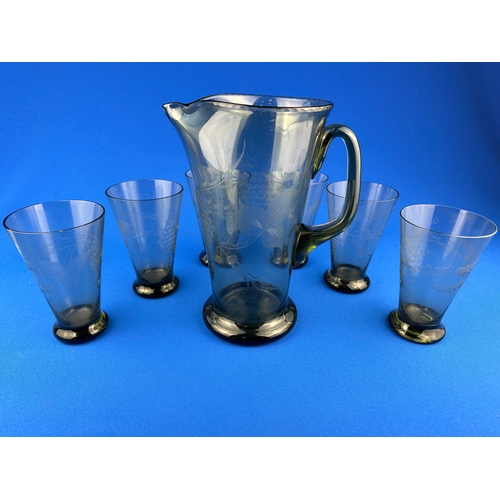 237 - Vintage Blown Etched Glass Lemonade / Water Set