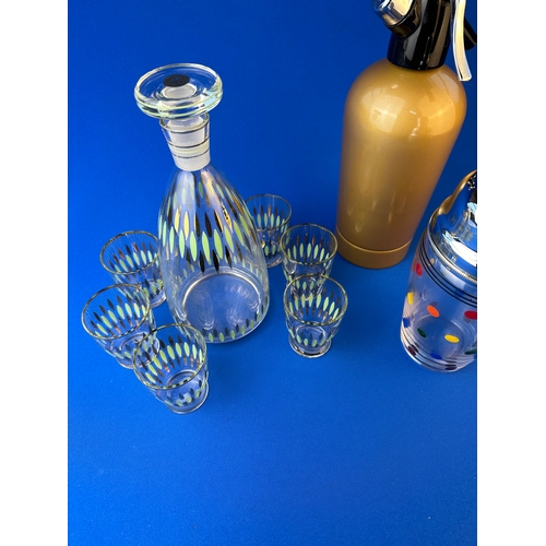 146 - Stuart Glass Cocktail Shaker, Mid Century Glass Decanter Set & Soda Syphon