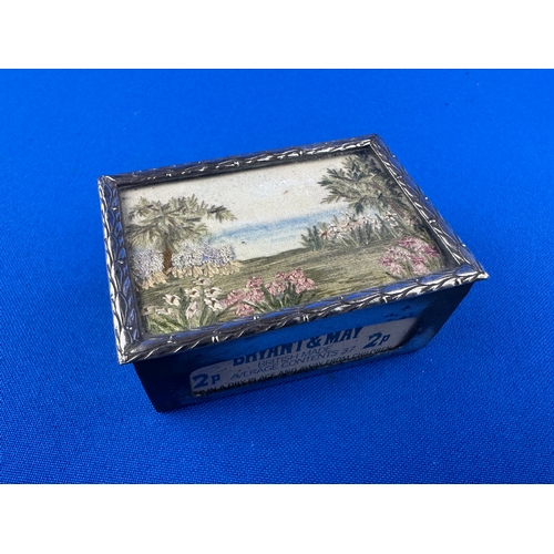 155 - Vintage White Metal Matchbox Holder with Needlework Countryside Scene