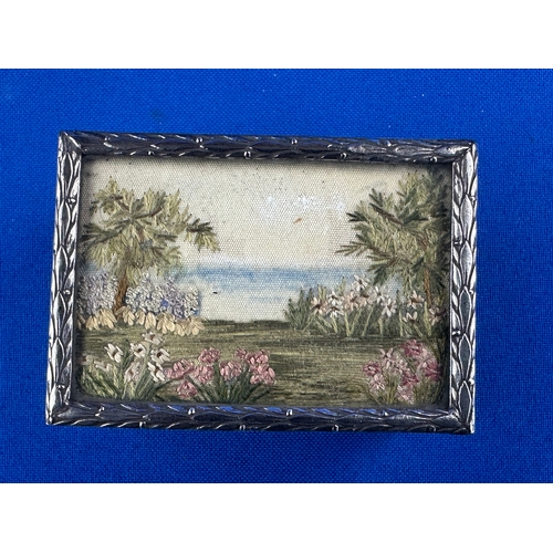 155 - Vintage White Metal Matchbox Holder with Needlework Countryside Scene