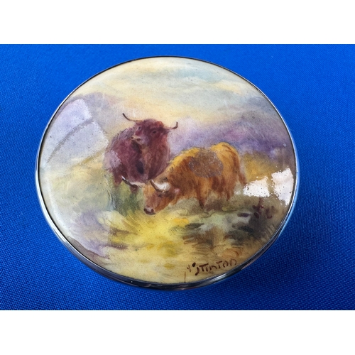 21 - Harry Stinton Highland Cattle Royal Worcester, Hallmarked Silver Compact. Birmingham 1927.