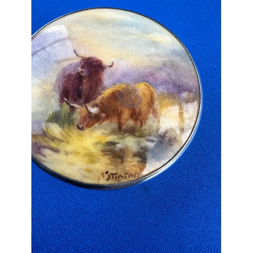 21 - Harry Stinton Highland Cattle Royal Worcester, Hallmarked Silver Compact. Birmingham 1927.