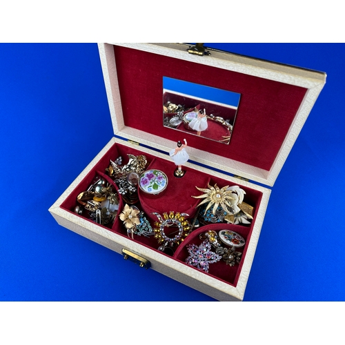 213 - Vintage Musical Jewellery Box & Brooches