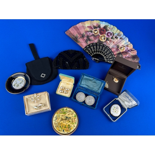 214 - Vintage Costume Jewellery Items KIGU Compact, Ladies Purses & Fan.