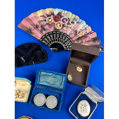 214 - Vintage Costume Jewellery Items KIGU Compact, Ladies Purses & Fan.